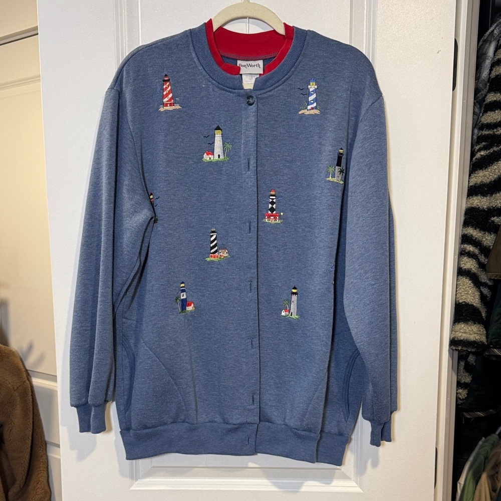 Nautica Men's Blue Cardigan with Lighthouse Motif